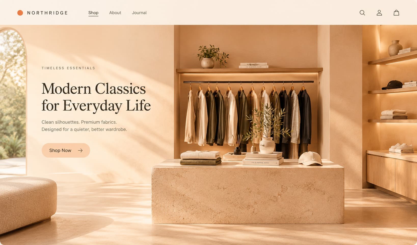 Northridge storefront concept: a warm, sunlit boutique interior with a clothing rail, stone counter, and the headline Modern Classics for Everyday Life
